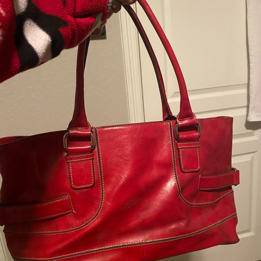 Red leather tote bag by Fusion